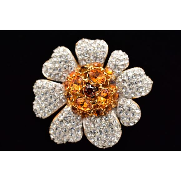 Vintage Crystal Flower Pin Brooch Pendant Orange Rhinestone Heavy Chunky BinBP - Picture 1 of 12